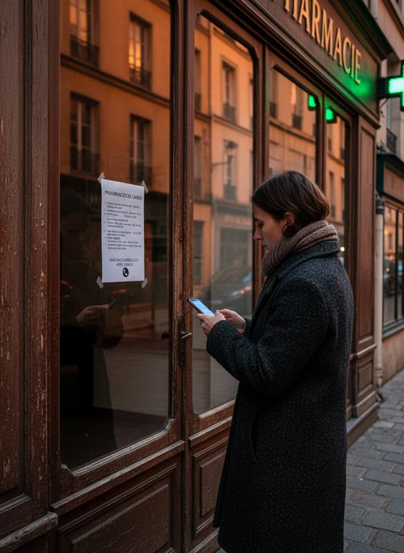 Une personne vêtue d'un manteau examine une affiche listant les pharmacies de garde sur la porte vitrée d'une officine française à la tombée de la nuit.