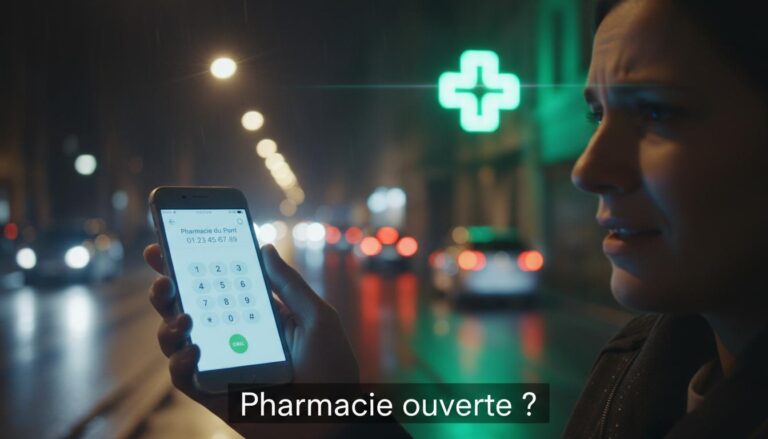 Une main tient un smartphone éclairant un visage devant une croix de pharmacie verte floue dans une rue nocturne avec le texte Pharmacie ouverte ?
