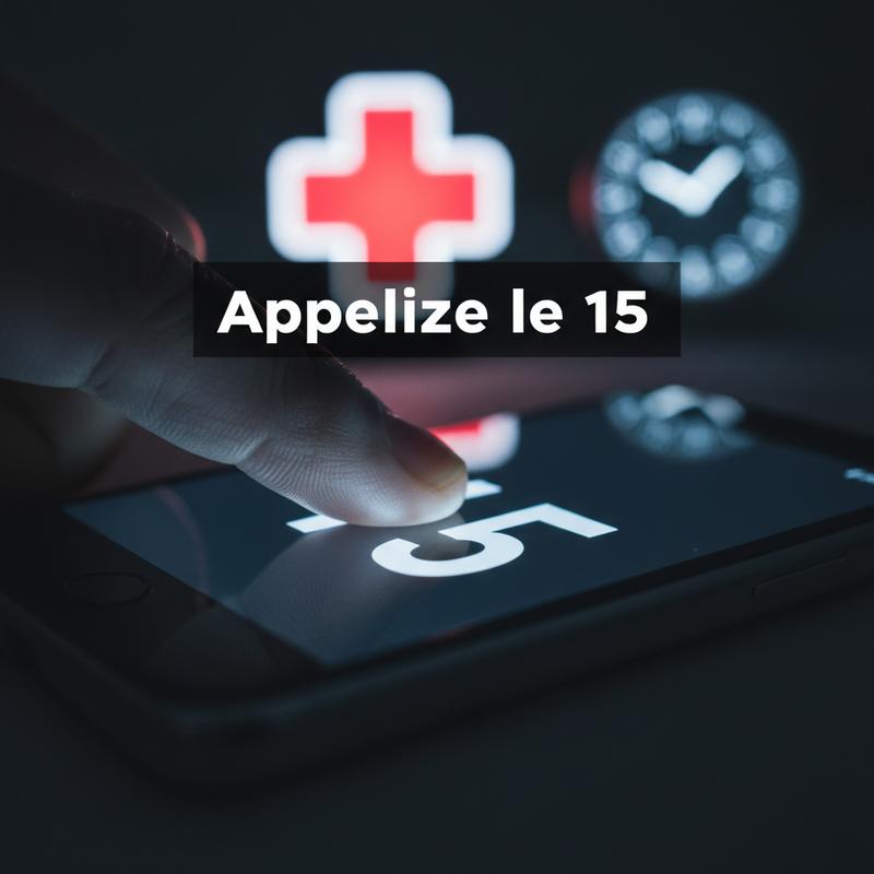 Un pouce compose le 15 sur l'écran d'un smartphone dans le noir, devant une croix médicale floue avec le texte Appelez le 15 en superposition.
