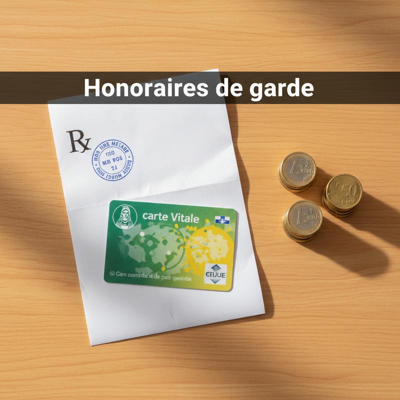 Carte Vitale, ordonnance avec tampon bleu et pièces d'euro disposées sur un comptoir de pharmacie en bois clair avec le texte Honoraires de garde.
