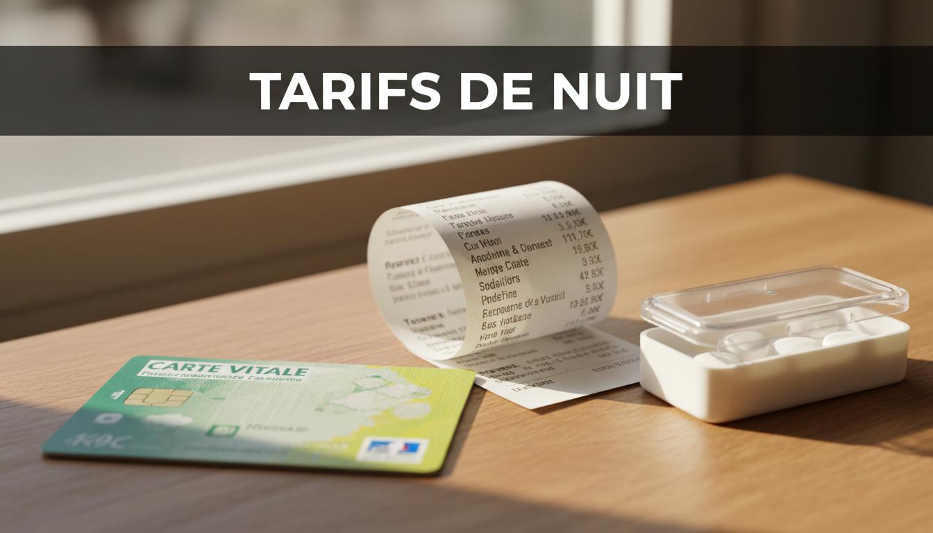 Carte Vitale française posée près d'un ticket de pharmacie et d'une boîte blanche sous une lumière chaude avec texte Tarifs de nuit en surimpression.