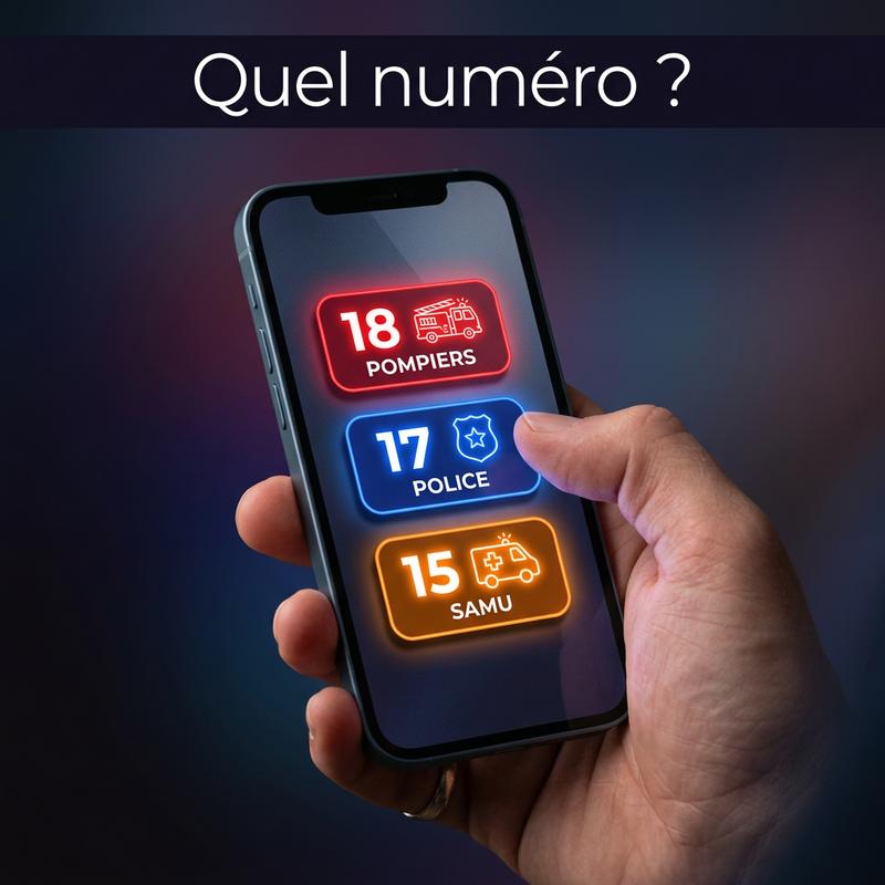 Une main tient un smartphone dont l'écran affiche trois boutons d'appel d'urgence colorés et lumineux sous un bandeau portant l'inscription Quel numéro ?.