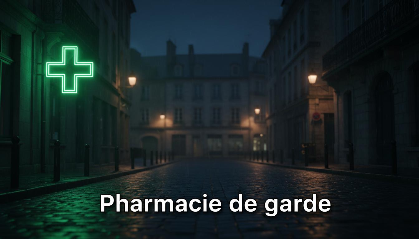 Une croix de pharmacie au néon vert brille dans une rue historique sombre dont les pavés mouillés reflètent la lumière sous l'inscription Pharmacie de garde.