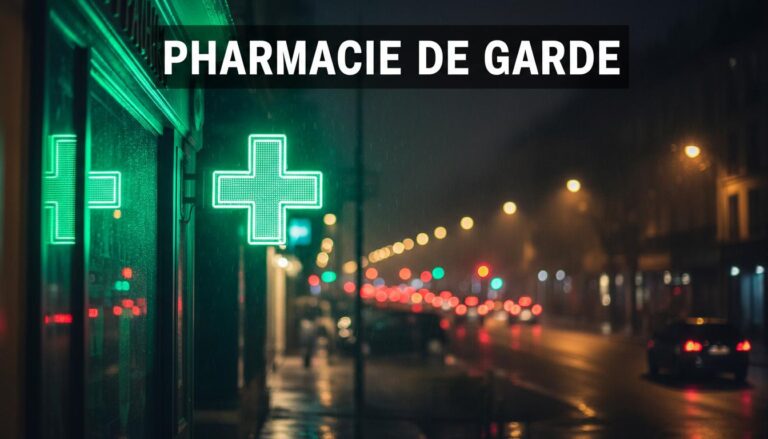 Une croix de pharmacie lumineuse vert néon brille dans une rue sombre et pluvieuse avec le texte Pharmacie de garde en surimpression.