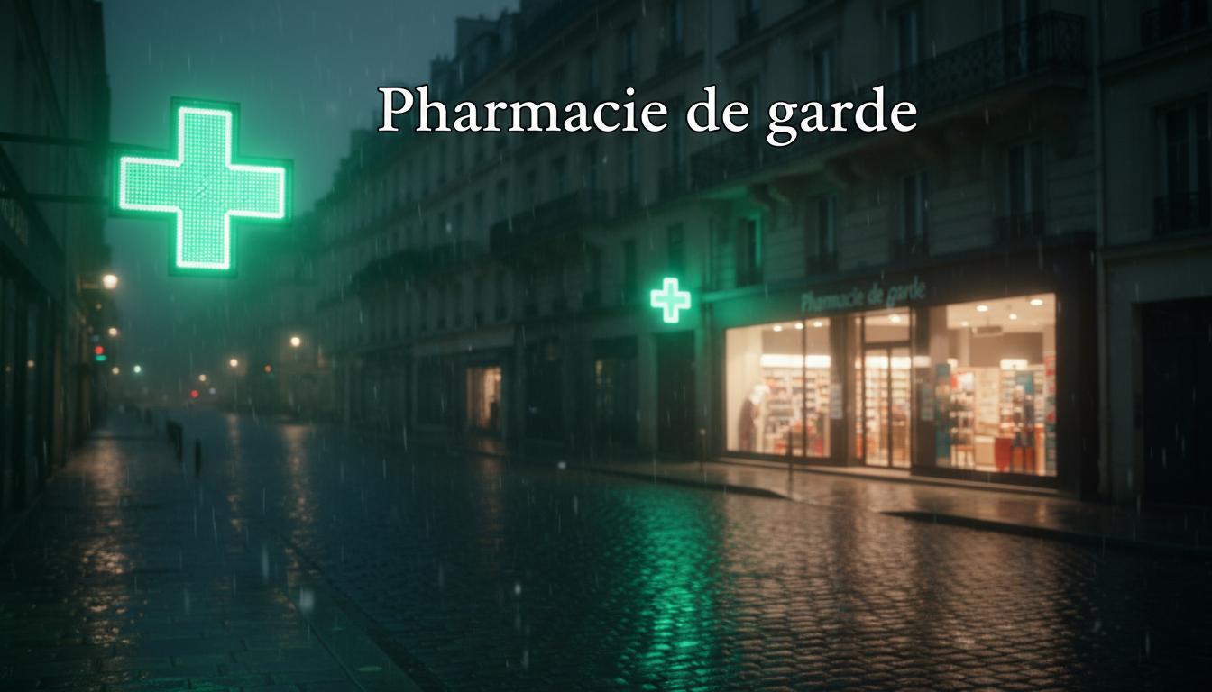 Une croix de pharmacie lumineuse en néon vert éclaire une rue pavée sombre et pluvieuse sous l'inscription Pharmacie de garde.