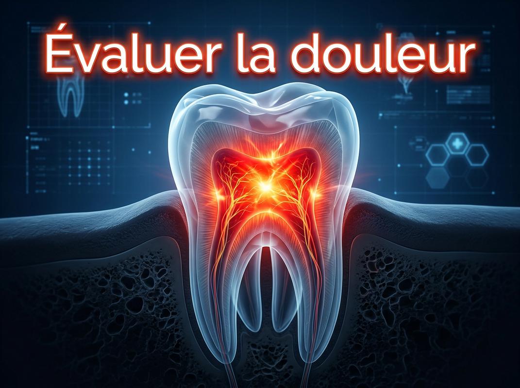 Molaire translucide en 3D montrant un centre nerveux coloré en rouge et orange sur fond médical bleu avec texte Évaluer la douleur.