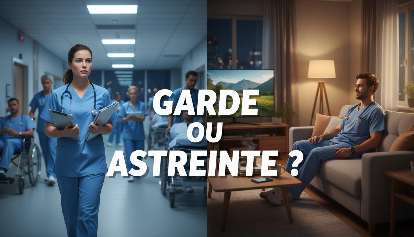 Un médecin en blouse dans un couloir d'hôpital animé face à un soignant détendu sur son canapé à domicile avec le texte superposé Garde ou Astreinte.