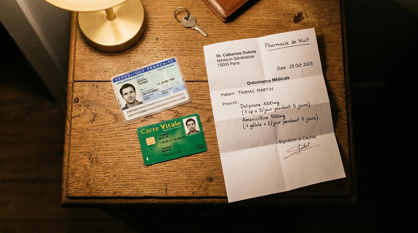 Une carte d'identité, une Carte Vitale et une ordonnance médicale pliée reposent sur une console en bois sous le faisceau lumineux d'une lampe de nuit.
