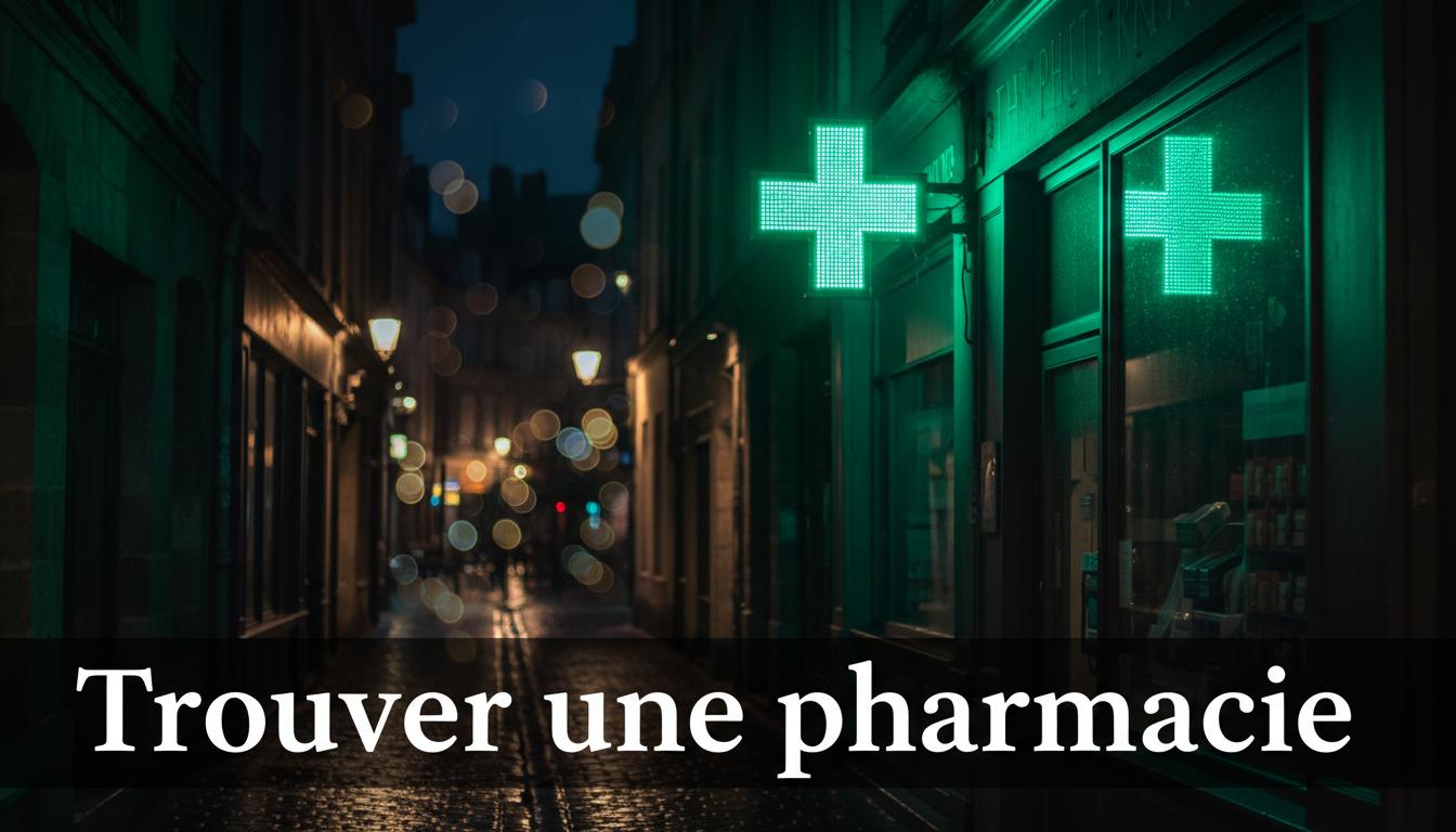 Une croix de pharmacie verte et lumineuse brille la nuit dans une rue citadine avec le texte Trouver une pharmacie en superposition.