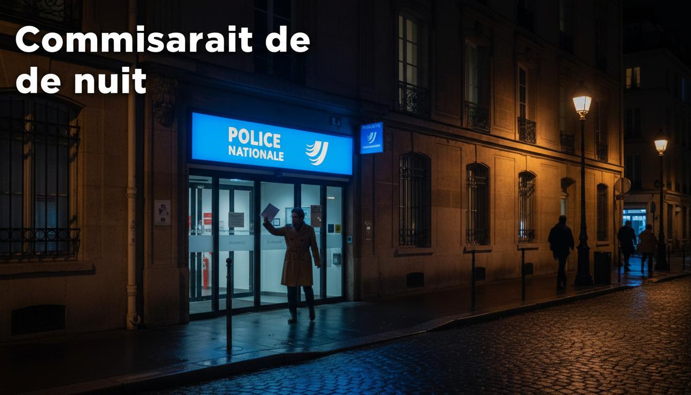 Personne tenant un document marche vers l'entrée vitrée d'un commissariat français de nuit sous une enseigne bleue lumineuse.