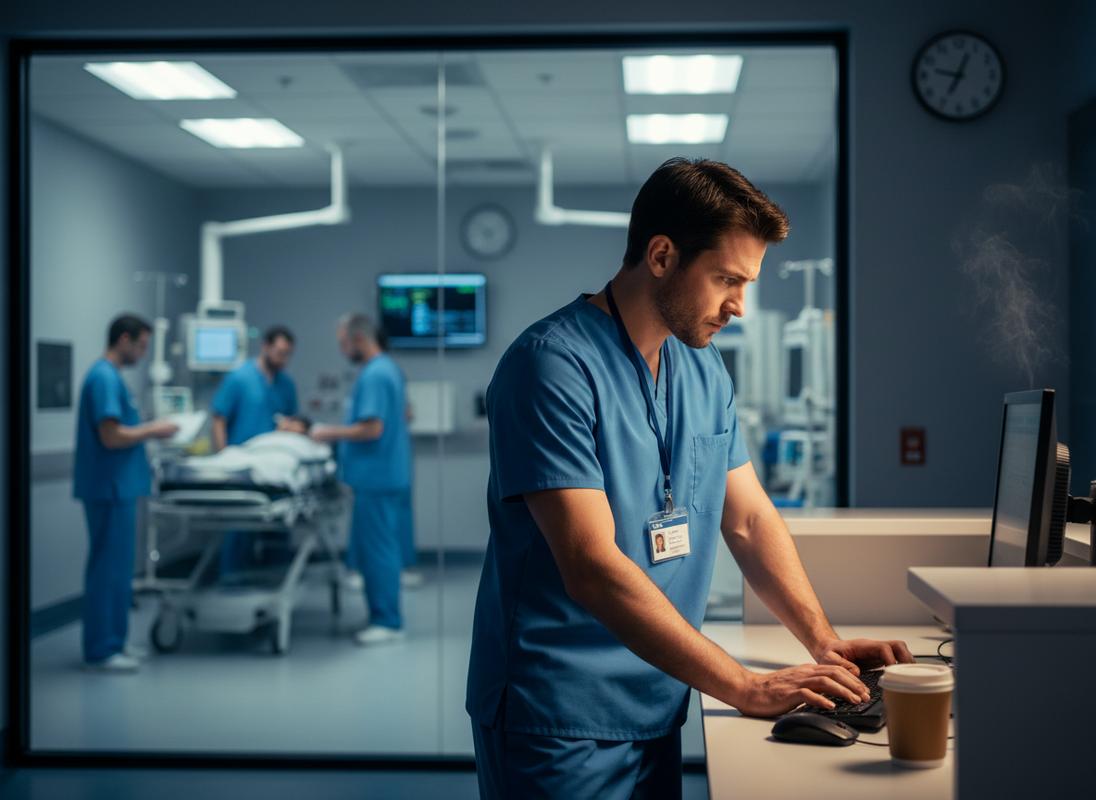 Un interne en médecine portant un uniforme bleu se tient derrière un poste de soins éclairé dans un hôpital pendant une garde de nuit.