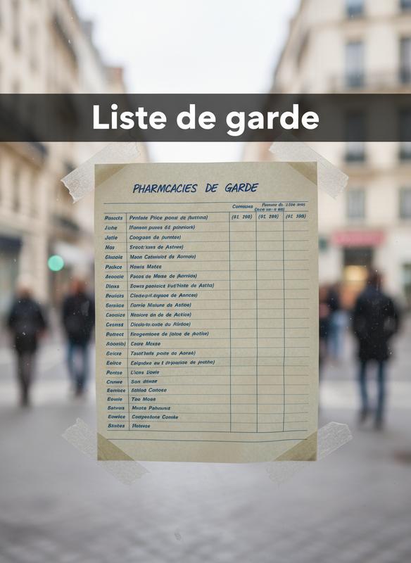 Une liste imprimée fixée sur la porte vitrée d'une pharmacie urbaine affiche les pharmacies de garde sous un bandeau sombre marqué Liste de garde.