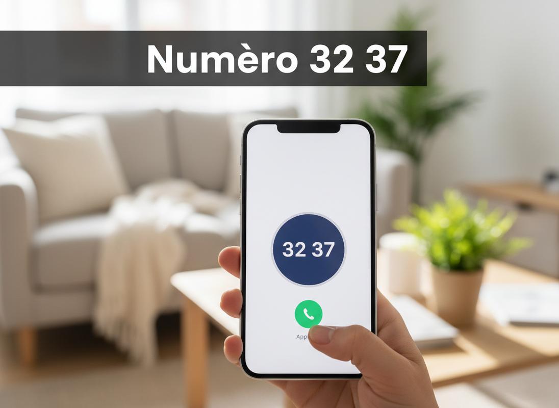 Main tenant un smartphone affichant les chiffres 32 37 sur un cadran numérique dans un salon avec un bandeau textuel indiquant Numéro 32 37.