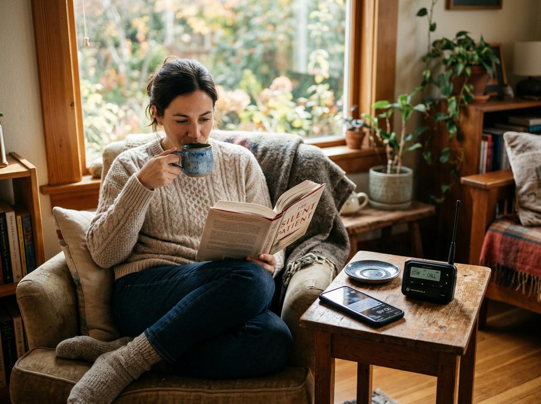 Une femme médecin en tenue décontractée se repose avec un livre et un thé près d'une fenêtre, tandis qu'un smartphone et un bipeur sont posés sur une table.