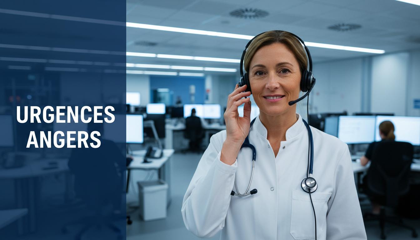 Une médecin en blouse blanche avec un casque répond à un appel dans un centre de régulation médicale moderne avec l'inscription textuelle Urgences Angers.
