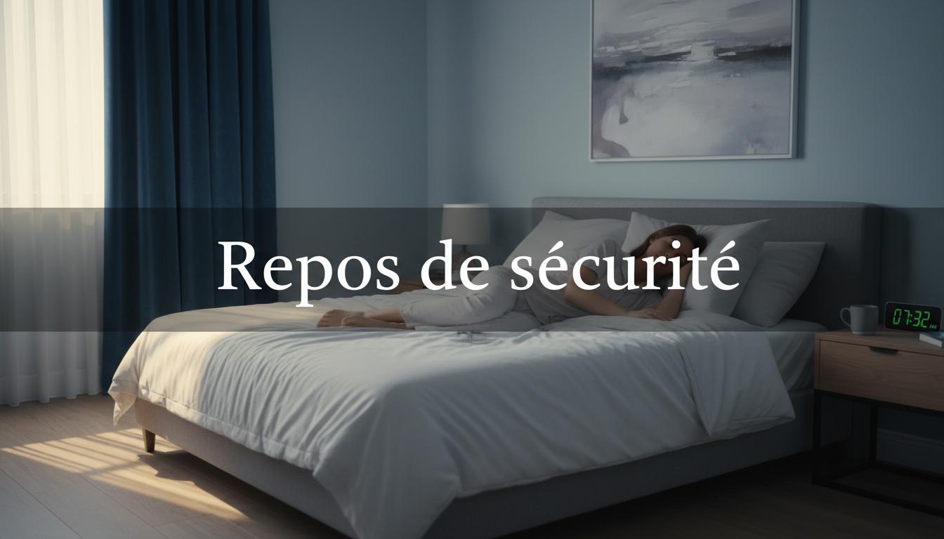 Un professionnel de santé dort paisiblement dans une chambre aux rideaux fermés laissant passer un filet de lumière, avec l'inscription Repos de sécurité.