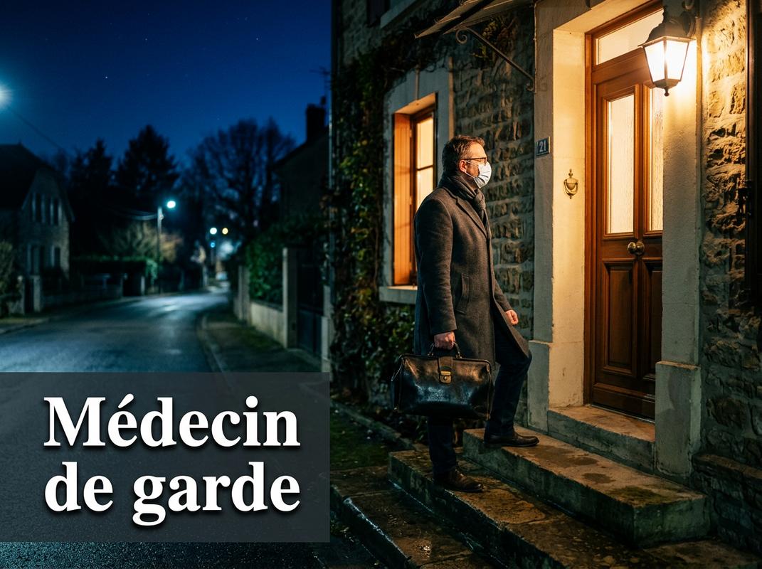Un médecin en manteau portant une mallette médicale noire se tient devant l'entrée éclairée d'une maison la nuit avec la mention Médecin de garde.