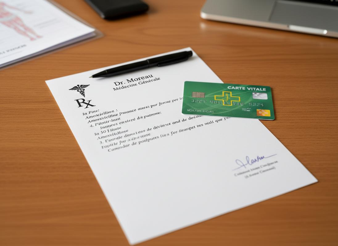 Une ordonnance médicale manuscrite repose à côté d'une carte Vitale française verte et jaune sur un bureau en bois sous une lumière vive.