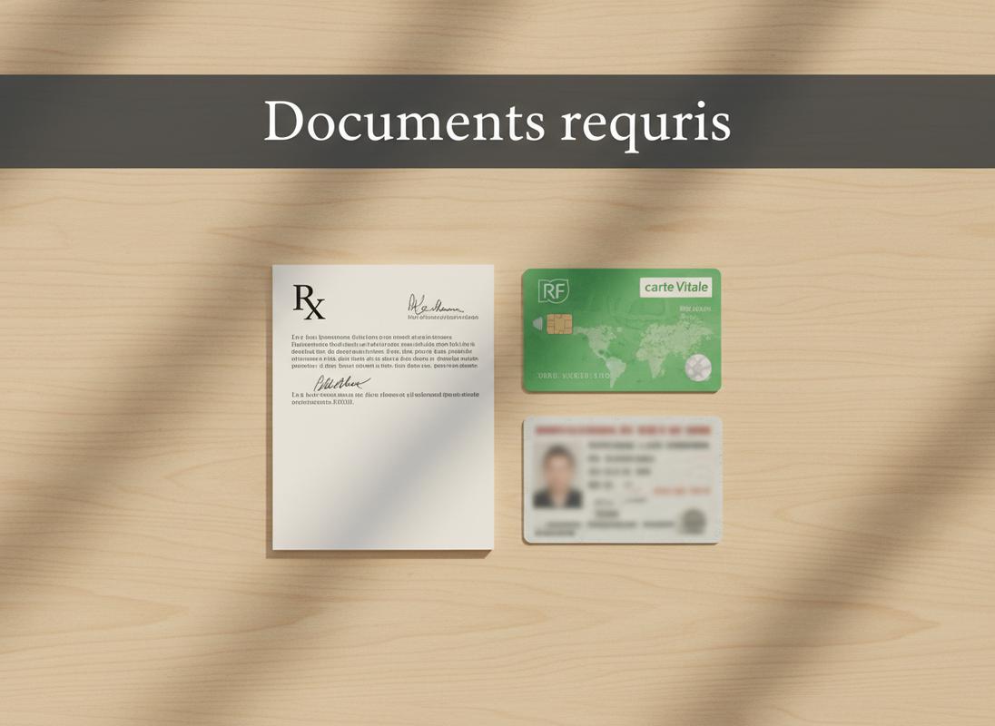 Une ordonnance médicale, une carte Vitale et une carte d'identité floue sont posées sur un bureau en bois avec le texte Documents requis en surimpression.