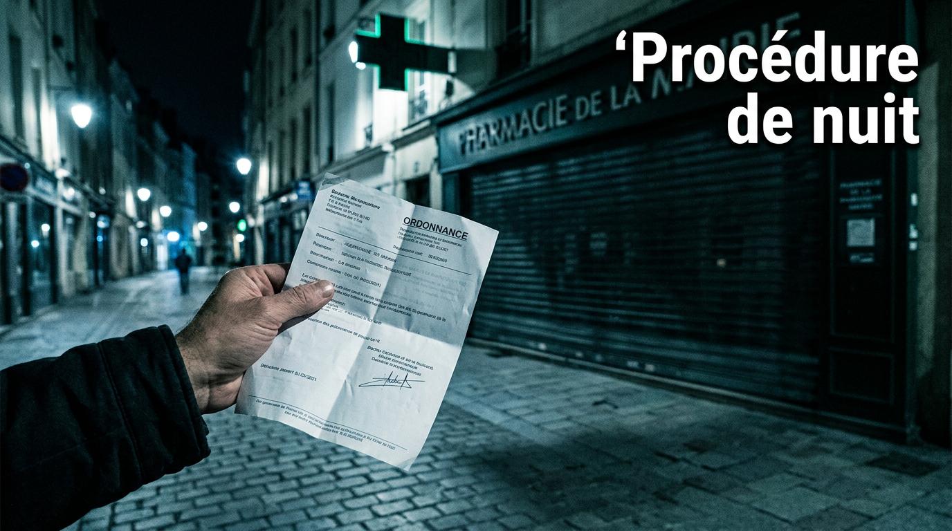 Une main tenant une ordonnance médicale devant le rideau métallique baissé d'une pharmacie de nuit avec l'inscription Procédure de nuit.