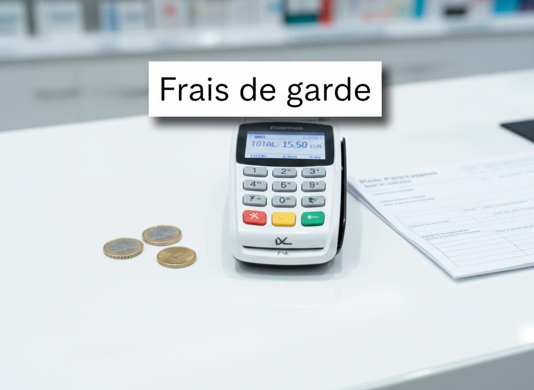 Terminal de paiement sans contact avec pièces d'euro sur un comptoir de pharmacie blanc près d'une ordonnance mentionnant les frais de garde.