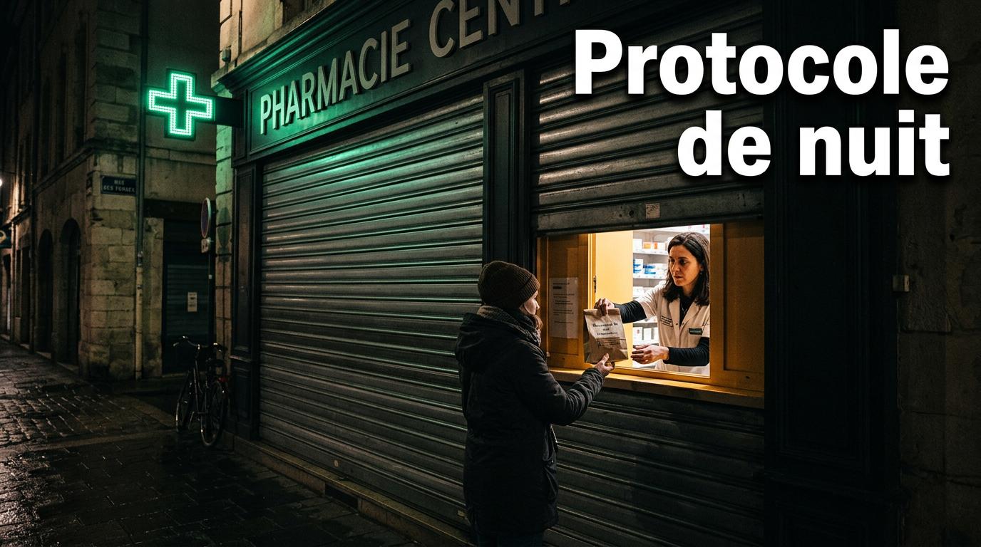Pharmacien sert un patient à travers un guichet de garde avec rideaux métalliques et inscription Protocole de nuit en surimpression.