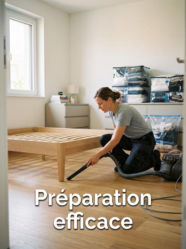 Une personne passe l'aspirateur sur les plinthes près d'un sommier nu, avec des sacs de vêtements scellés en arrière-plan dans une chambre ordonnée.