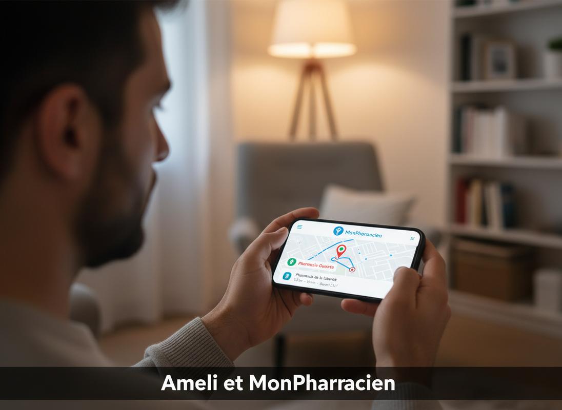 Personne tenant un smartphone affichant une application de localisation de pharmacie avec un itinéraire et un bandeau texte Ameli et MonPharmacien en bas.