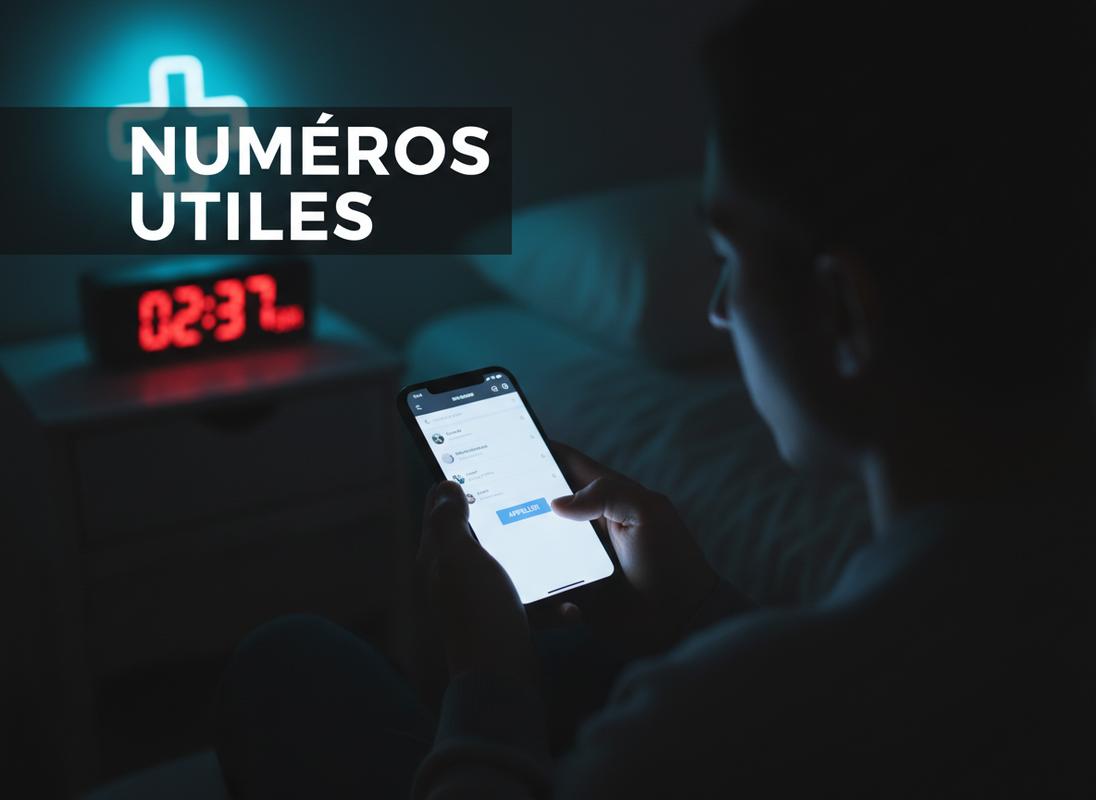 Personne utilisant un smartphone lumineux dans la pénombre devant un réveil numérique affichant une heure tardive avec le texte NUMÉROS UTILES en surimpression.