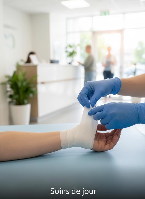 Mains d'un professionnel de santé appliquant soigneusement un bandage sur le poignet d'un patient dans une clinique lumineuse avec l'inscription Soins de jour.