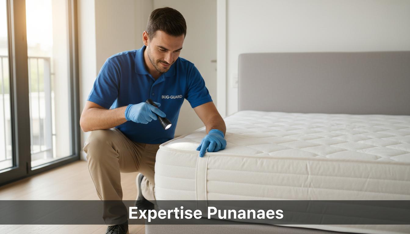 Technicien en uniforme inspecte les coutures d'un matelas blanc avec une lampe dans une chambre lumineuse, inscription Expertise Punaises en surimpression.