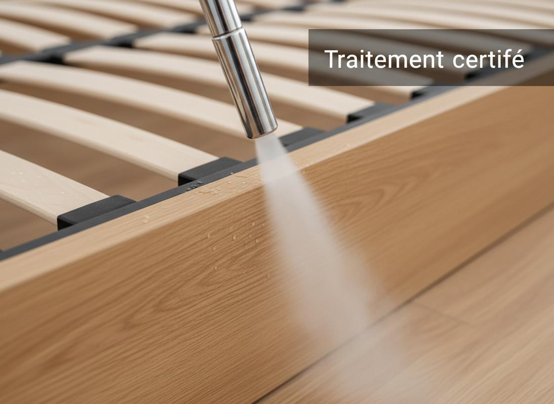 Une buse métallique projette un jet de vapeur sèche sur une plinthe en bois et un cadre de lit avec la mention textuelle Traitement certifié en surimpression.