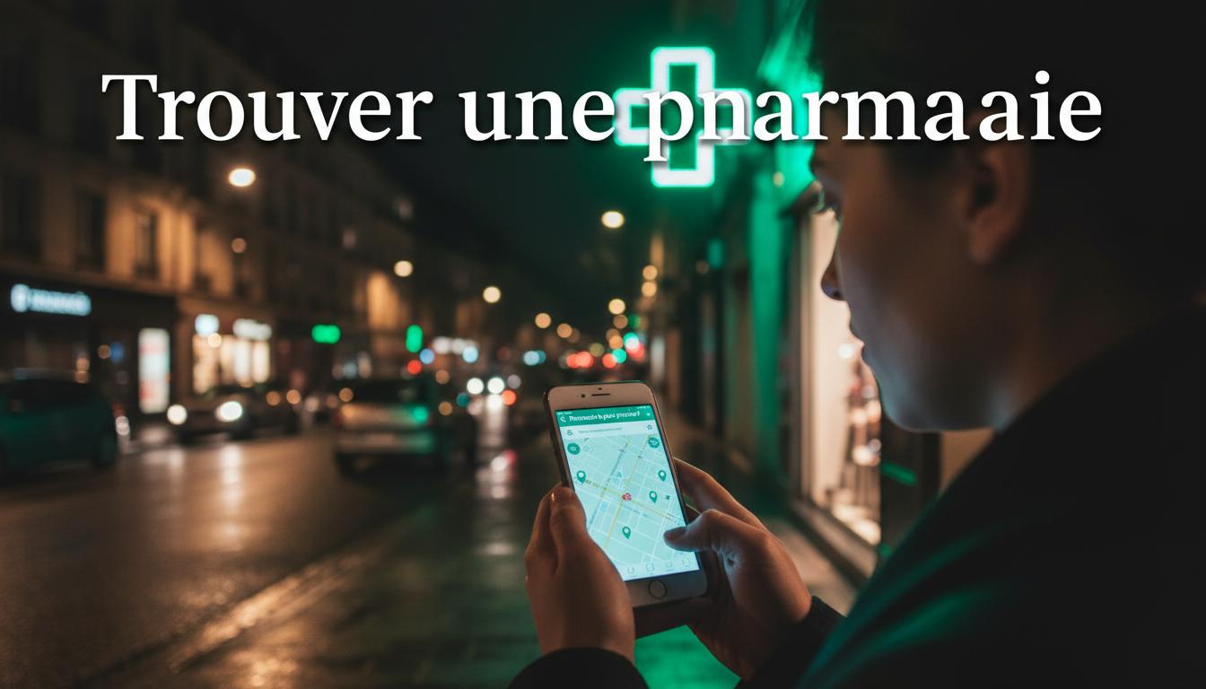 Mains utilisant un smartphone dans une rue sombre devant une croix de pharmacie verte lumineuse avec la mention Trouver une pharmacie.