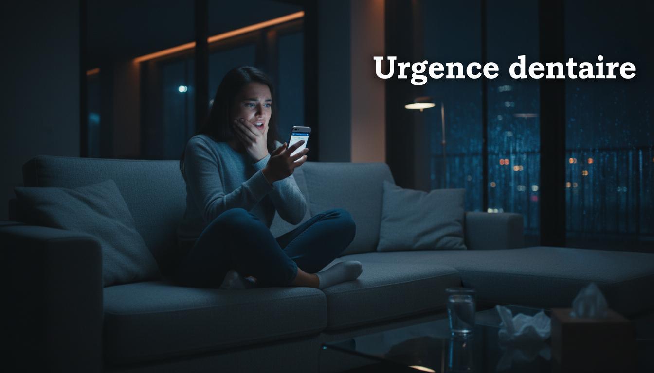 Jeune femme souffrant d'une douleur dentaire intense sur un canapé, cherchant de l'aide sur son smartphone avec l'inscription Urgence dentaire.