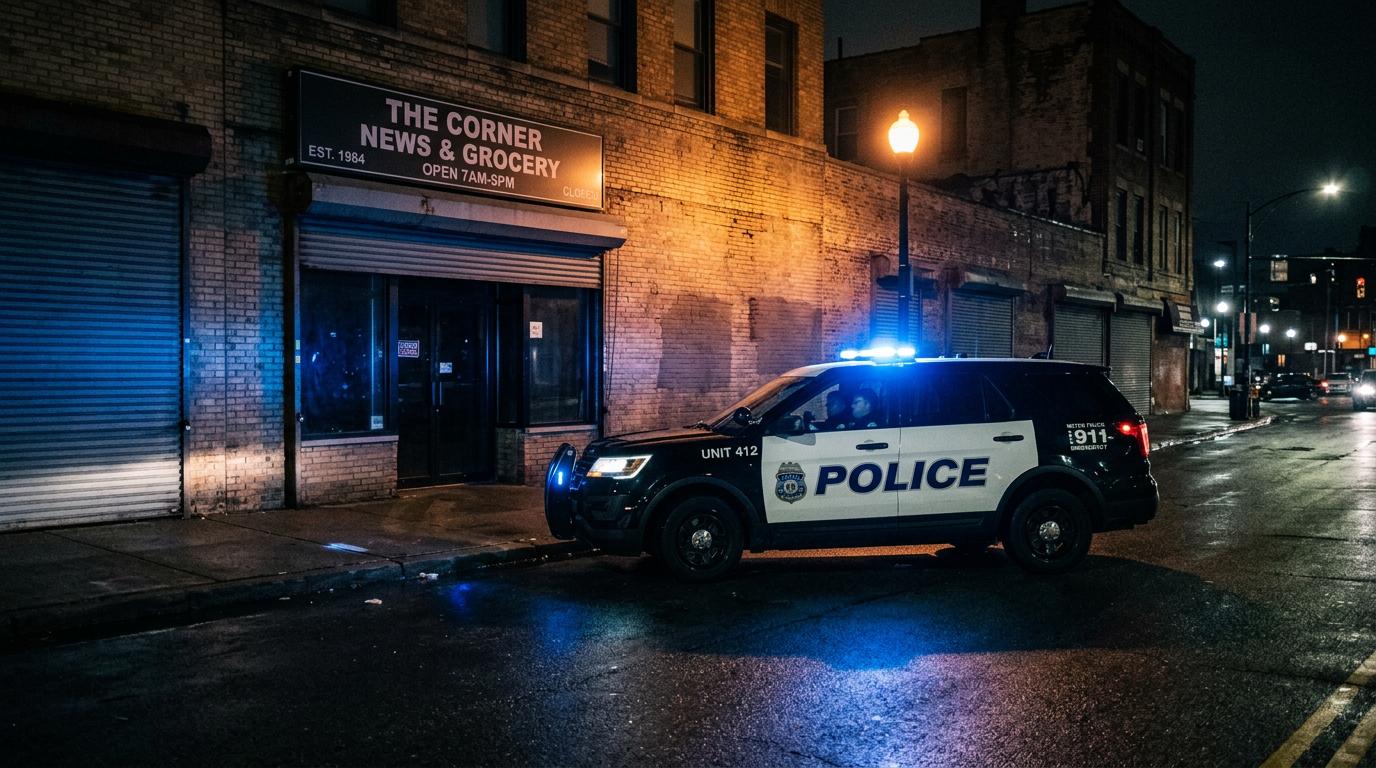 Voiture de police avec gyrophares bleus allumés stationnée devant une vitrine de commerce fermé la nuit, éclairée par un lampadaire.