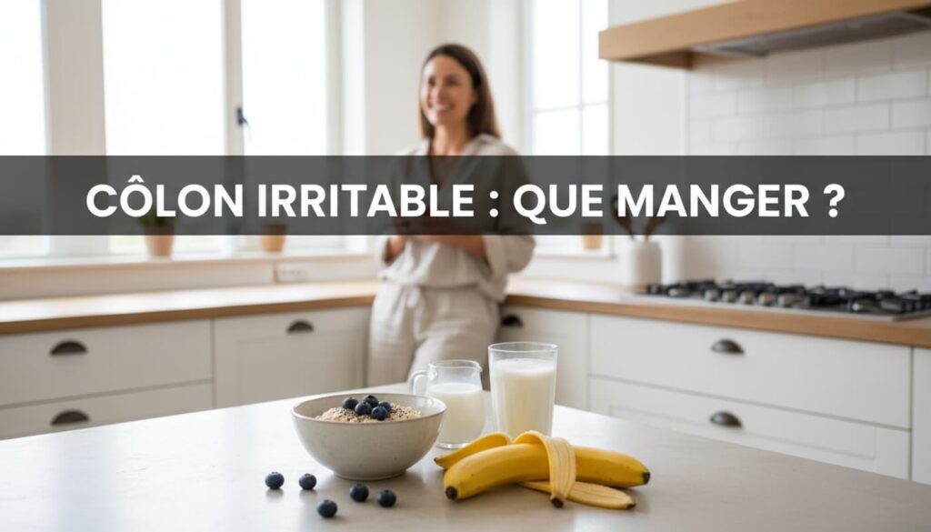 Un bol de flocons d'avoine, une banane et du lait d'amande sur un comptoir de cuisine moderne avec le texte Côlon irritable : que manger ? en superposition.