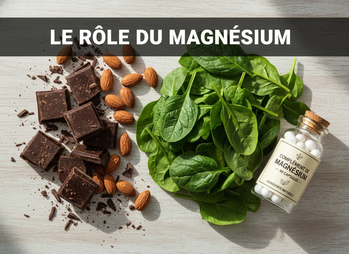 Disposition à plat d'aliments riches en magnésium : morceaux de chocolat noir, amandes et feuilles d'épinard frais sur une surface en bois, accompagnés d'une petite bouteille transparente de gélules de compléments, avec le texte 'LE RÔLE DU MAGNÉSIUM' superposé sur un voile sombre semi-transparent.