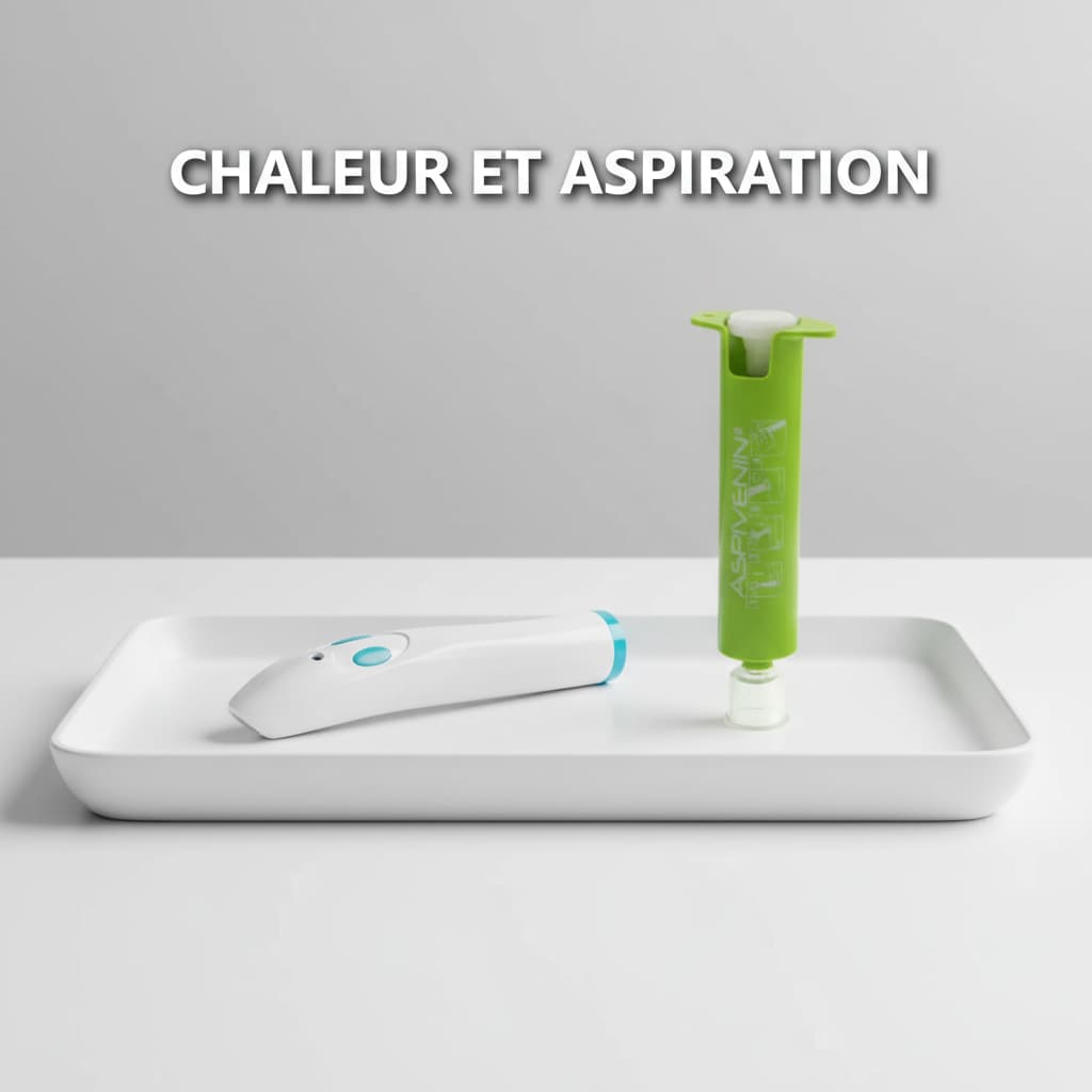 Stylo thermique Bite Away et pompe aspirante Aspivenin posés sur un plateau médical blanc minimaliste sous le texte CHALEUR ET ASPIRATION.