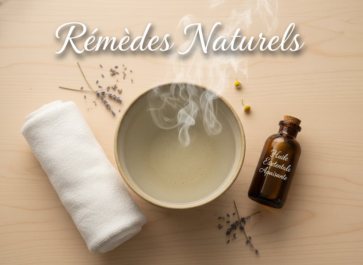 Composition de remèdes naturels : un bol d'eau fumante, une compresse blanche et un flacon d'huile en verre ambré sur une surface en bois.