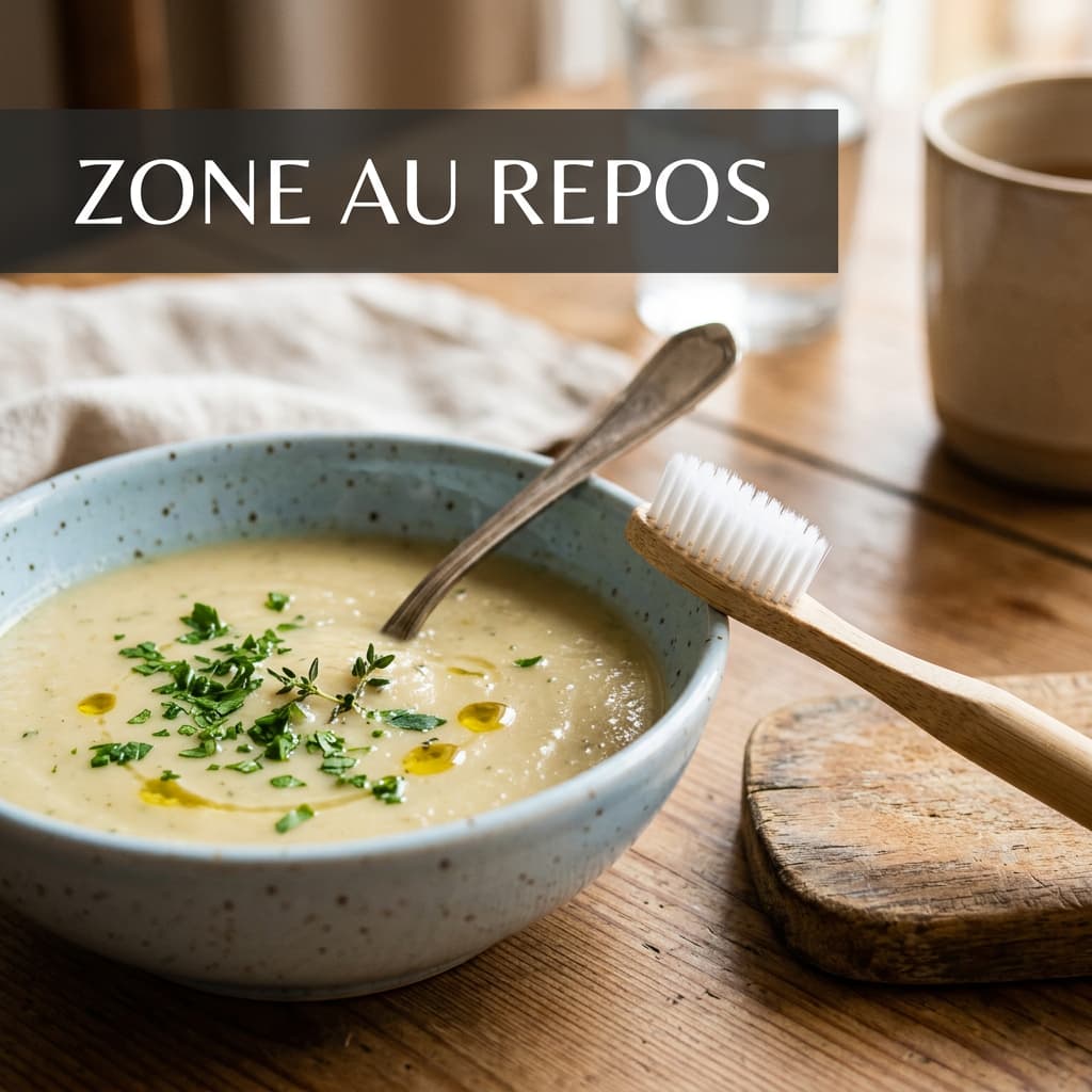 Une brosse à dents à poils souples posée à côté d'un bol de velouté de légumes onctueux, avec l'inscription textuelle Zone au repos en surimpression.