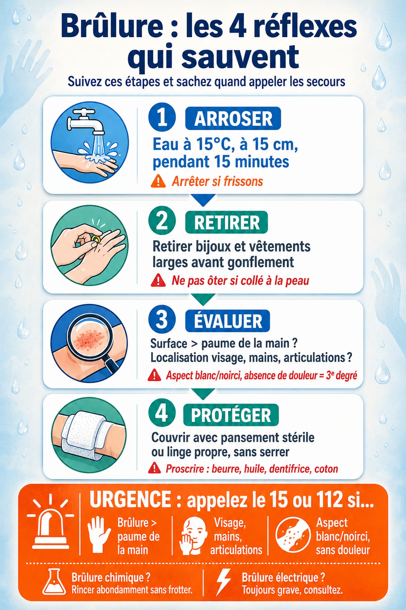 Infographie médicale verticale sur les 4 réflexes à adopter en cas de brûlure avec étapes arroser, retirer, évaluer, protéger et bandeau d'urgence avec les numéros 15 et 112.