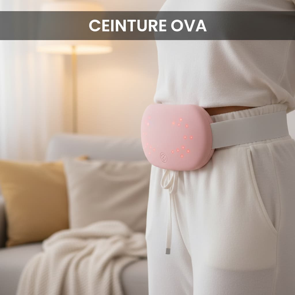 Une ceinture chauffante et massante rose avec voyants LED portée à la taille sur un vêtement blanc dans un salon, avec le texte Ceinture OVA en superposition.