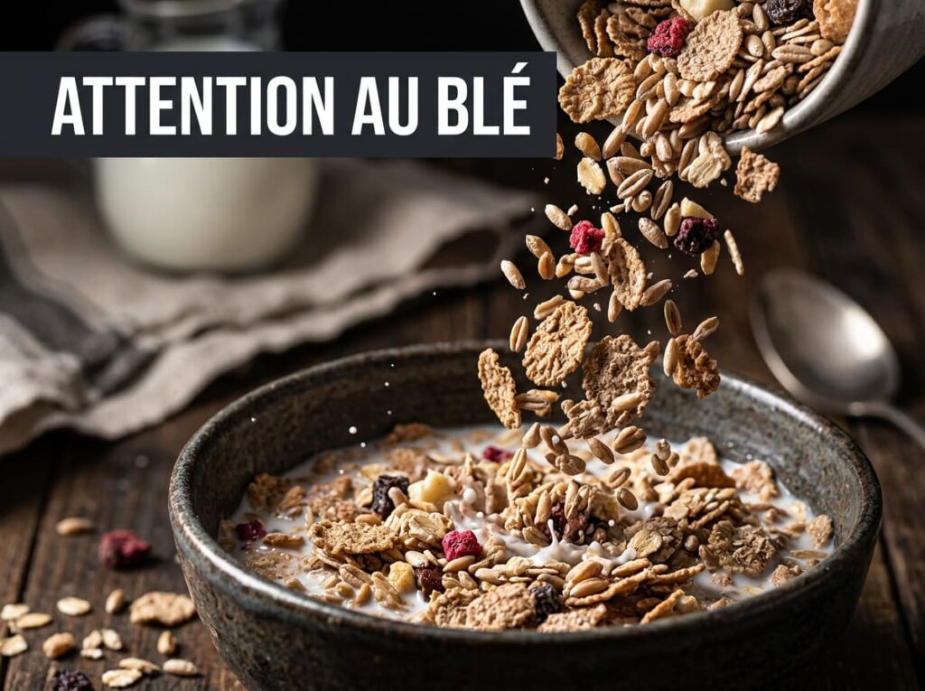 Mélange de céréales de blé et de seigle tombant dans un bol en gros plan avec un éclairage contrasté et le texte en surimpression ATTENTION AU BLÉ.