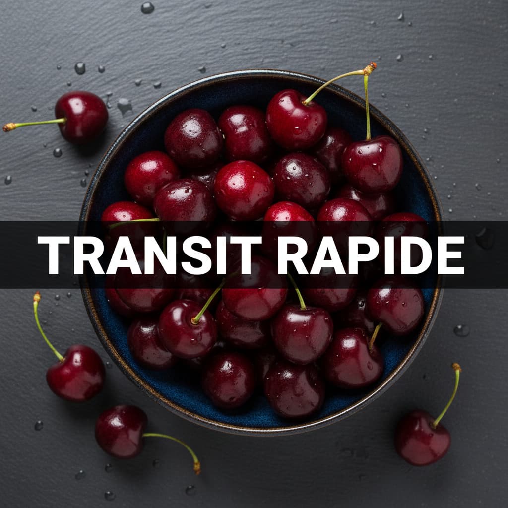 Des cerises rouges et brillantes remplissent un bol en céramique sur une surface en pierre sombre avec l'inscription TRANSIT RAPIDE en superposition.