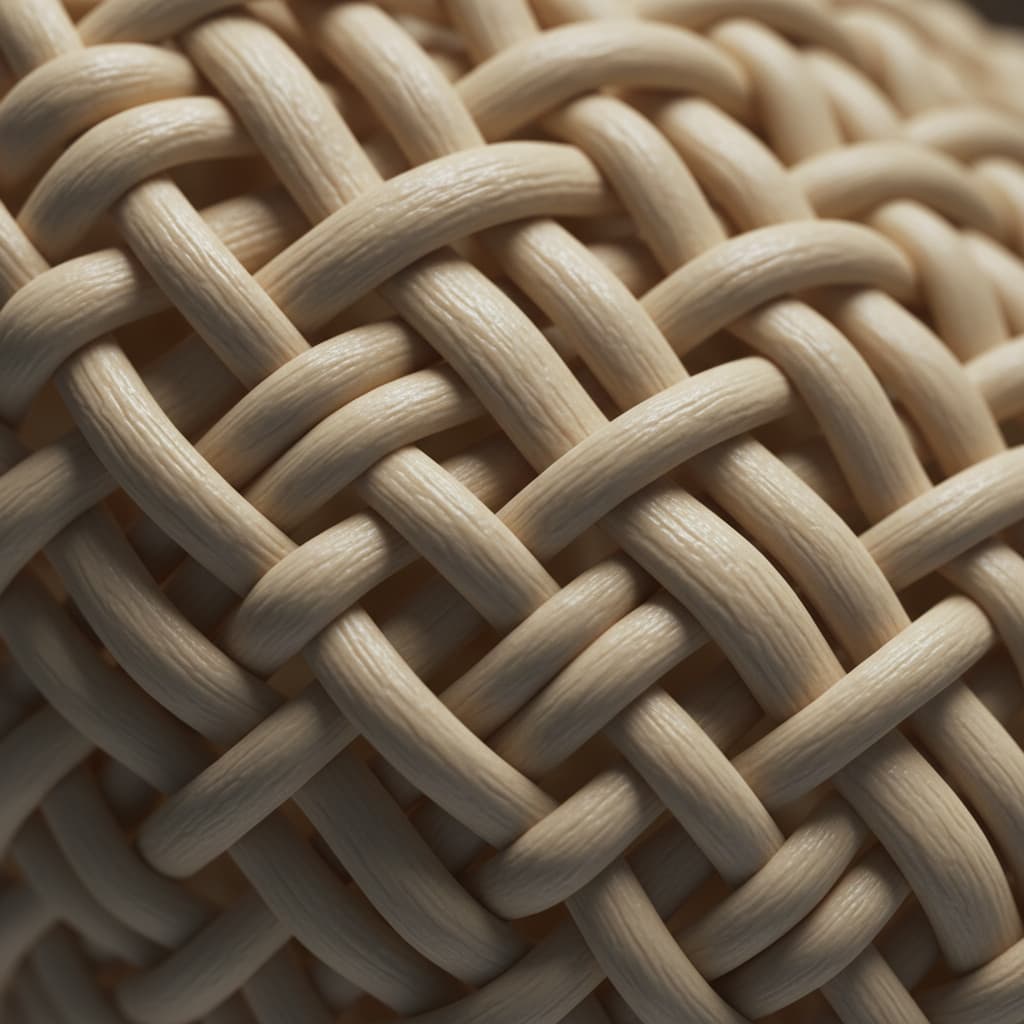 Macro photograph of collagen fibers forming a strong, organized mesh structure in soft bone and ivory tones.