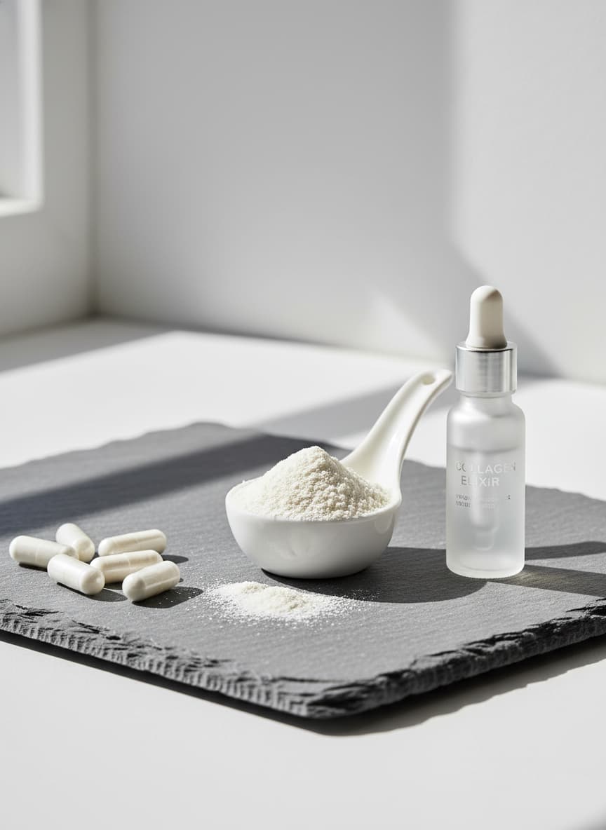 White scoop with collagen powder, transparent capsules, and glass vial of liquid collagen on textured stone surface.