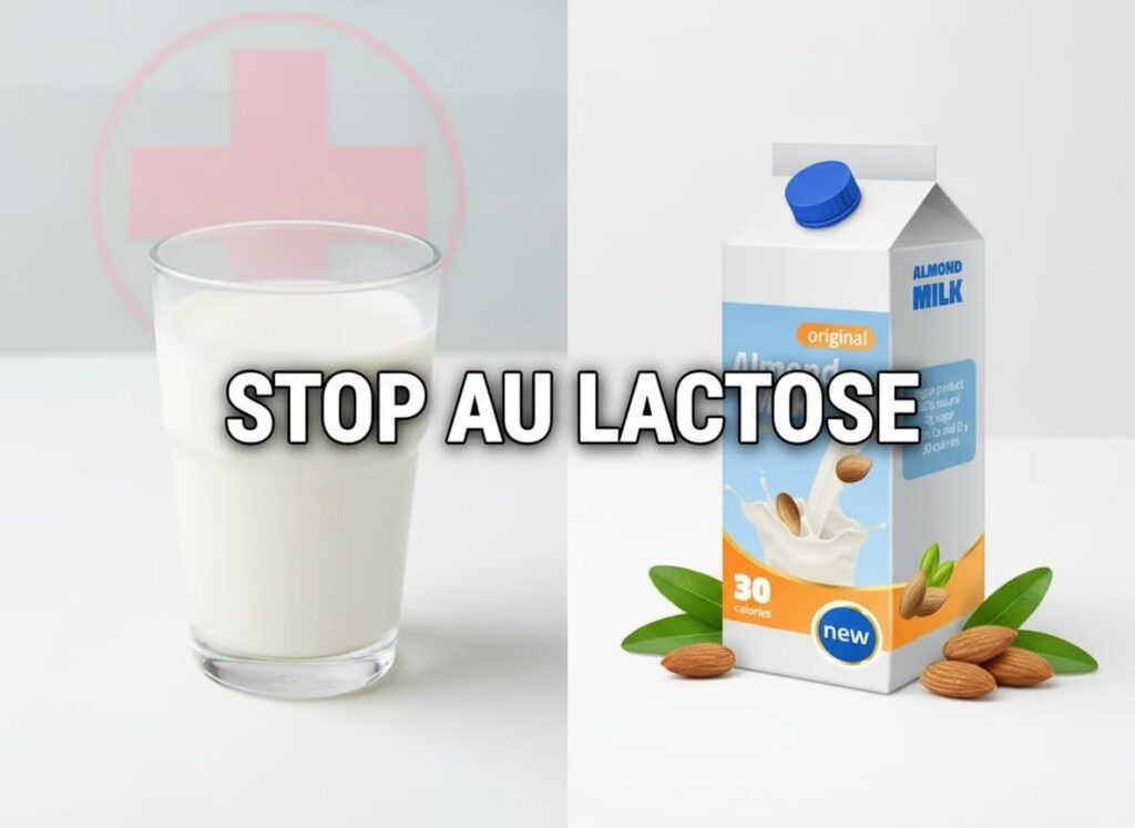 Composition divisée comparant un verre de lait de vache marqué d'une croix rouge et une brique de lait d'amande avec le texte STOP AU LACTOSE.