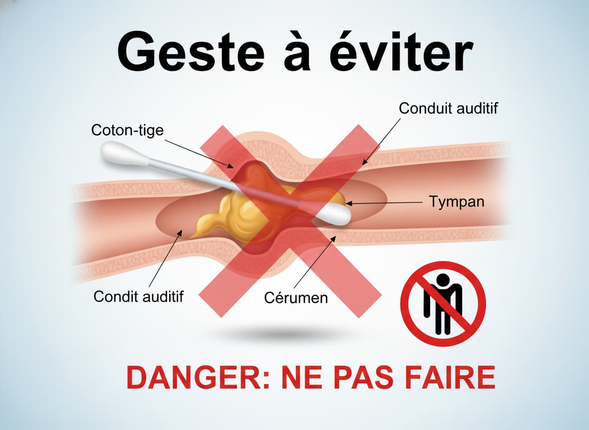 Coupe transversale de l'oreille humaine montrant un coton-tige poussant le cérumen vers le tympan, avec un X rouge et le texte 'Geste à éviter'.