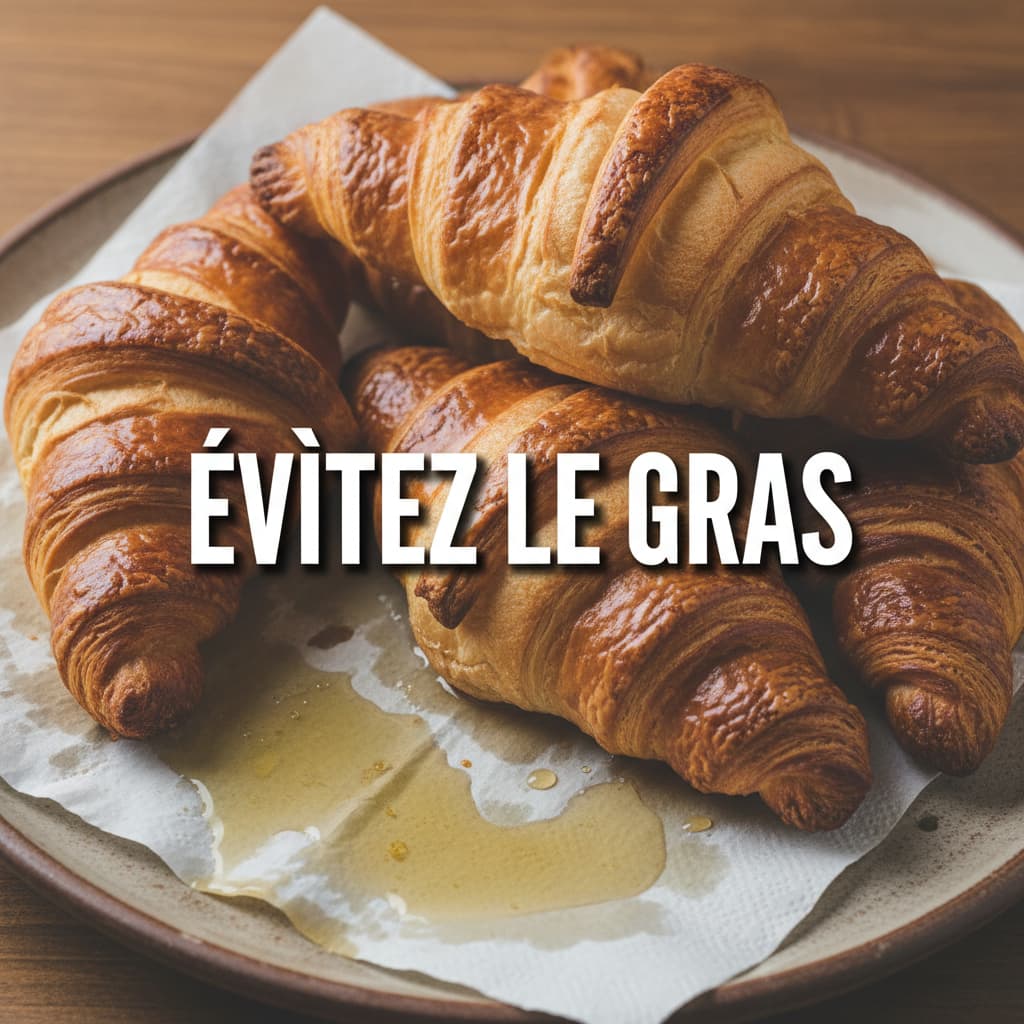 Croissants et pains au chocolat brillants de beurre reposent sur une serviette en papier tachée près de l'inscription ÉVITEZ LE GRAS en lettres capitales.