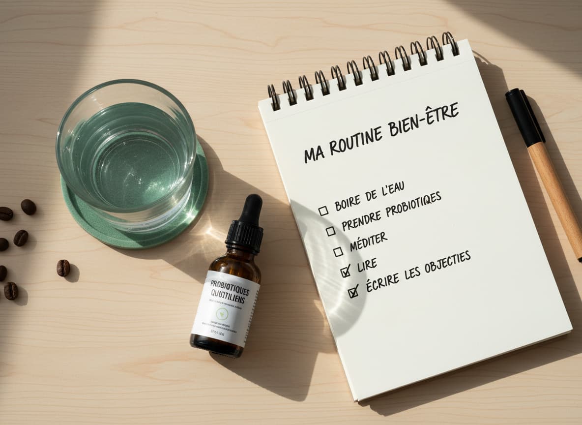 Un verre d'eau, un flacon de probiotiques et un carnet avec une liste à cocher et la note MA ROUTINE BIEN-ÊTRE sont posés sur une table en bois lumineuse.